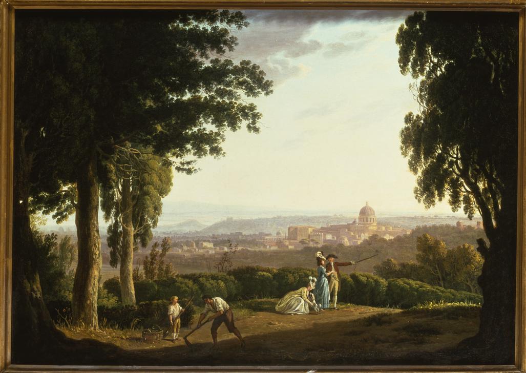 “Elegant figures on a hillside with a distant view of Rome” a Thomas Jones