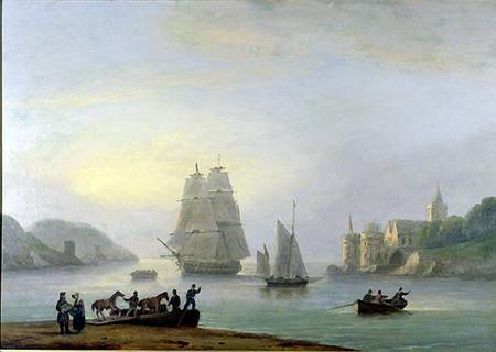 A Brig Entering Dartmouth Harbour, with a Ferry in the Foreground a Thomas Luny