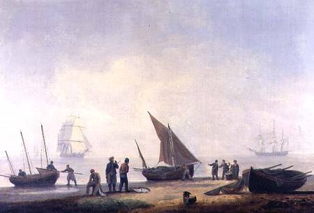 Fisherfolk on a Beach, with Vessels Offshore a Thomas Luny