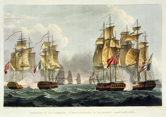 Capture of La Pomone, L'Engageante and La Babet, April 23rd 1794, engraved by Thomas Sutherland for a Thomas Whitcombe