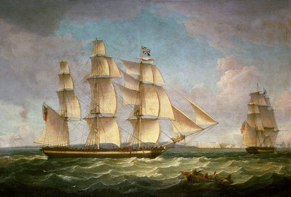 Merchantmen in a stiff breeze off the cliffs of Dover a Thomas Whitcombe