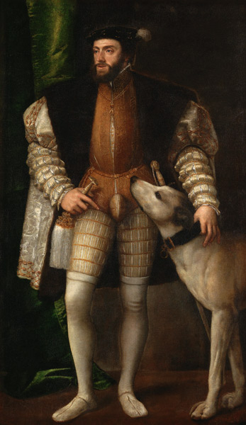 Emperor Karl V. with dog. a Tiziano (alias Tiziano Vercellio)