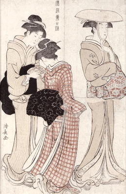 Young woman wearing a wide straw hat, followed by a servant and a companion carrying a 'furoshiki', a Torii Kiyonaga