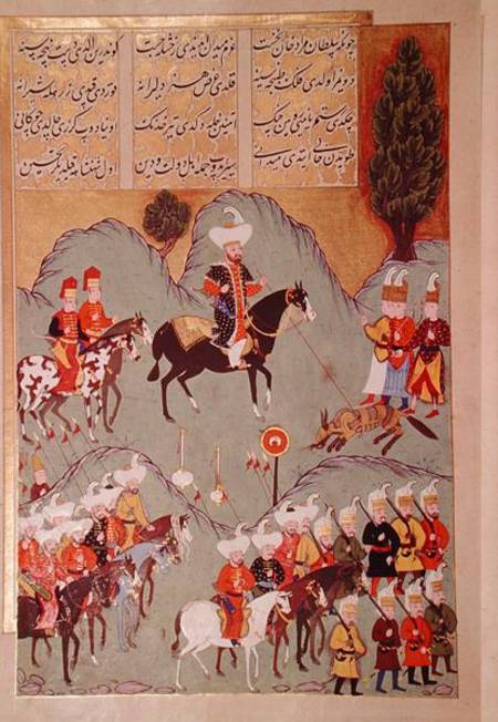 Sultan Murad I (c.1326-1389) hunting a wolf, from 'Hunernama' (Mss Hazine. 1524 f.83v) a Scuola Turca