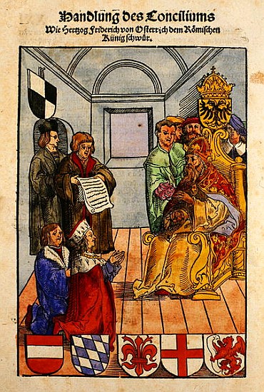 Frederick IV, Duke of Austria, declaring his fealty to the Emperor at the Council of Constance, from a Ulrich von Richental