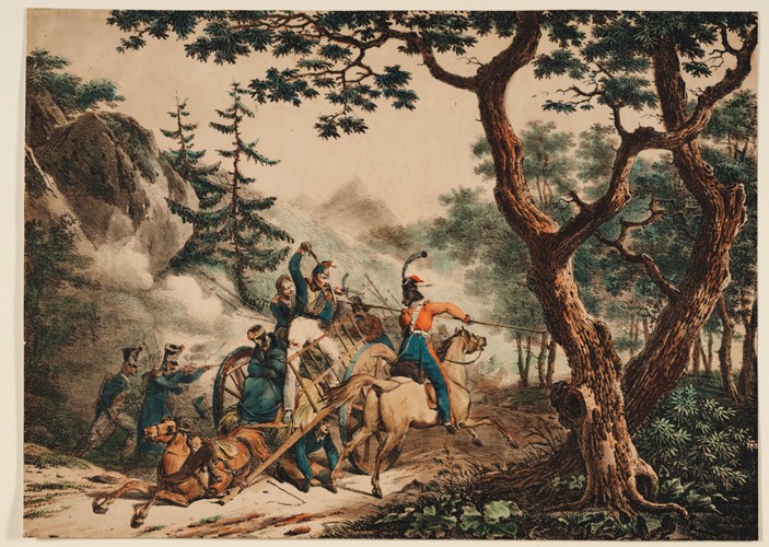 Cossacks attacking French soldiers in a forest a Unbekannter Künstler