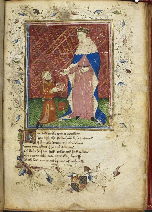 The author presenting his book to Henry V (from Thomas Hoccleve's Regiment of Princes) a Unbekannter Künstler