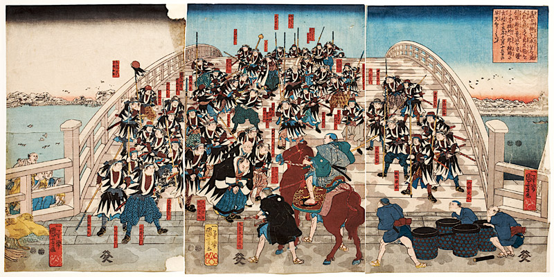 Die herrenlosen Samurai kehren über die Ryogoku-Brücke zurück a Utagawa Kuniyoshi