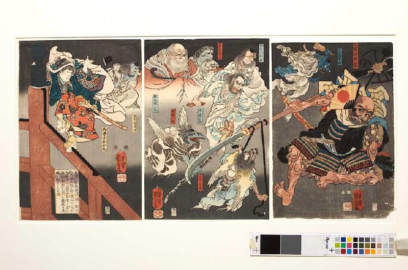 Auf der Brücke kämpfen Ushiwakamaru und der Tengu gegen Benkei a Utagawa Kuniyoshi