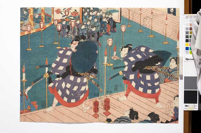 Szene einer Aufführung: Schauspieler auf dem Steg zur Bühne a Utagawa Kuniyoshi