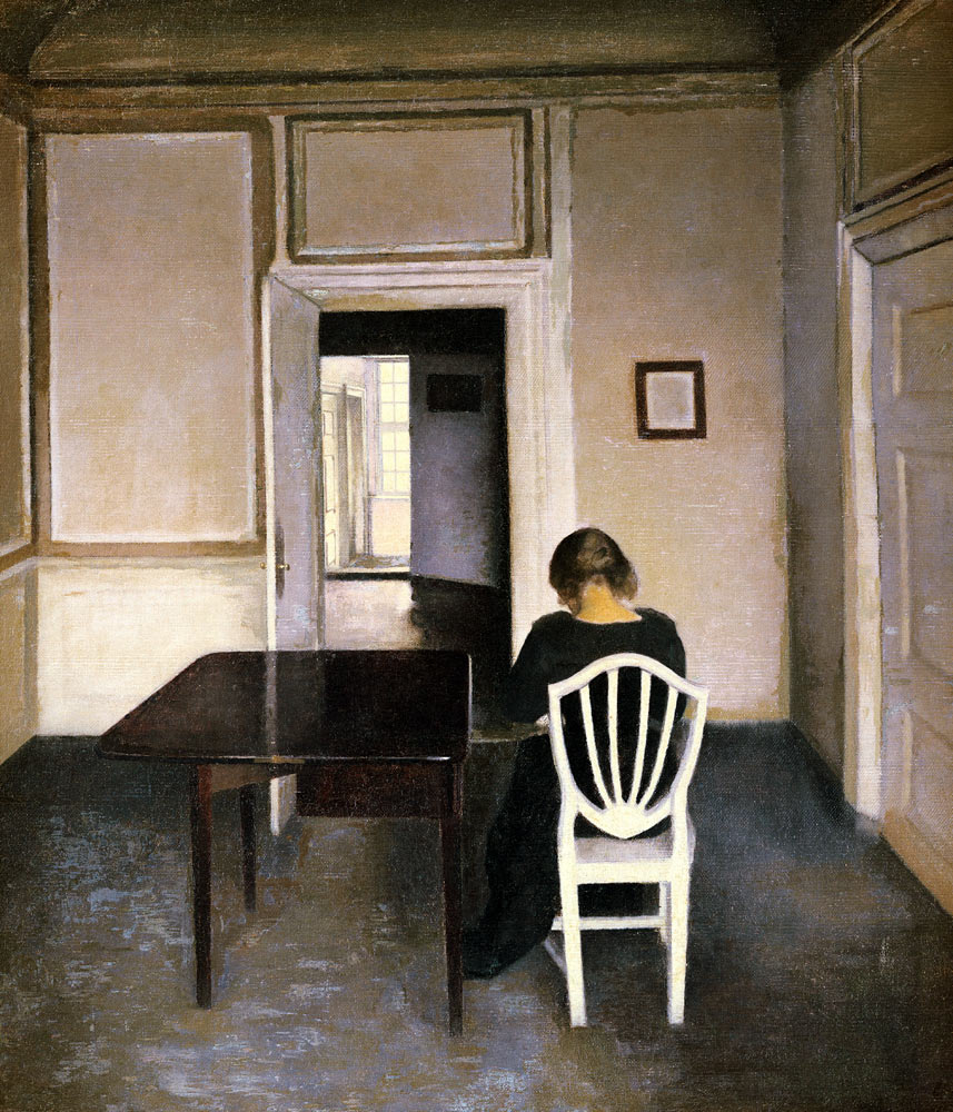 Interieur mit Frau auf einem weißen Stuhl. a Vilhelm Hammershoi