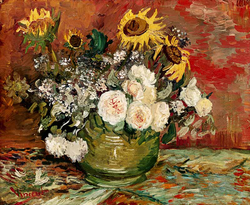 Vaso con girasoli,rose ed altri fiori - olio su tela di Vincent van Gogh  come stampa d\'arte o dipinto.