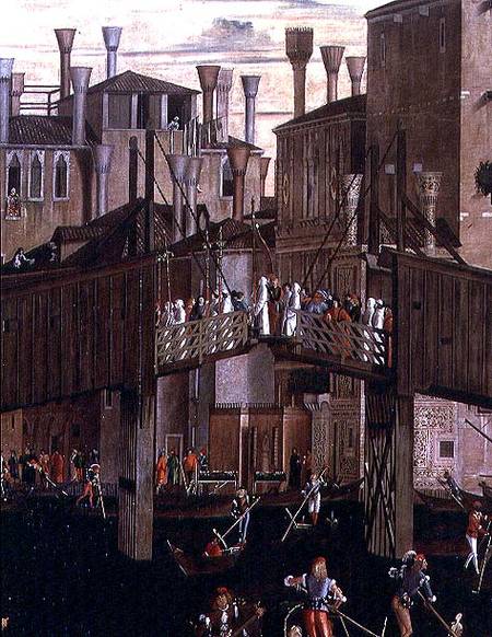 The Miracle of the Relic of the Holy Cross, detail of the old Rialto Bridge, from the Scuola di San a Vittore Carpaccio