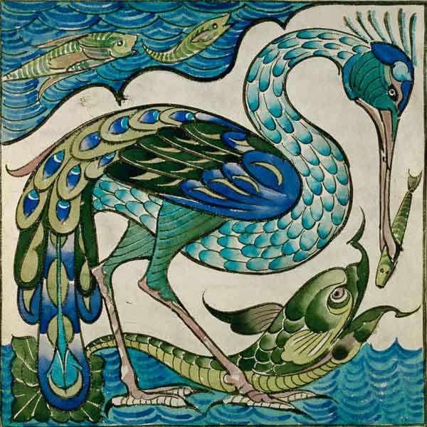 Tile Design of Heron and Fish a Walter Crane