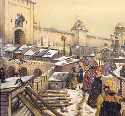 Buchläden auf der Spaskij-Brücke in Moskau im 17. Jahrhundert. a Apolinarij Wasnezow