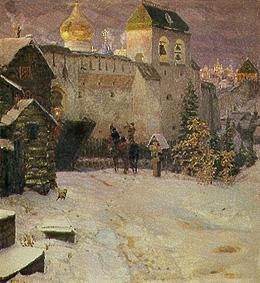 Rider at the town gate of an old Russian town. a Apolinarij Wasnezow