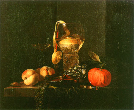 Natura morta con piatto silbener, bicchieri e frutta a Willem Kalf