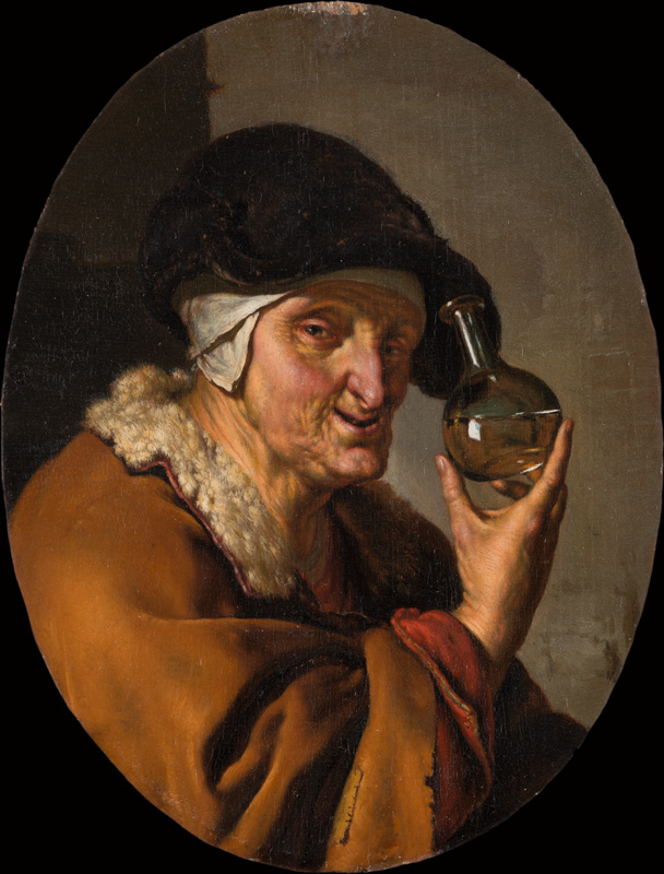 An Old Woman with Urine Glass: "The Quack" a Willem van Mieris