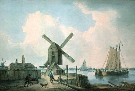 A Shore Scene with Windmills and Shipping a William Anderson