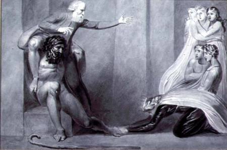 Tiriel, borne back to the Palace on the Shoulders of his Brother Ijim, addressing his five Daughters a William Blake