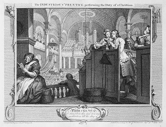 The Industrious ''Prentice Performing the Duty of a Christian, plate II of ''Industry and Idleness'' a William Hogarth
