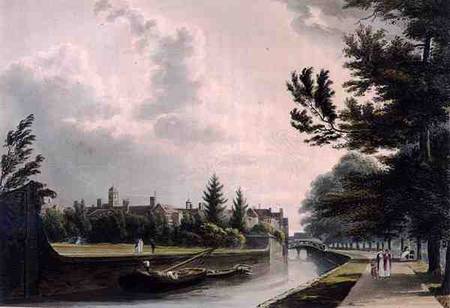 Exterior of Queen's College from the Private Walk, Cambridge, form 'The History of Cambridge', engra a William Westall